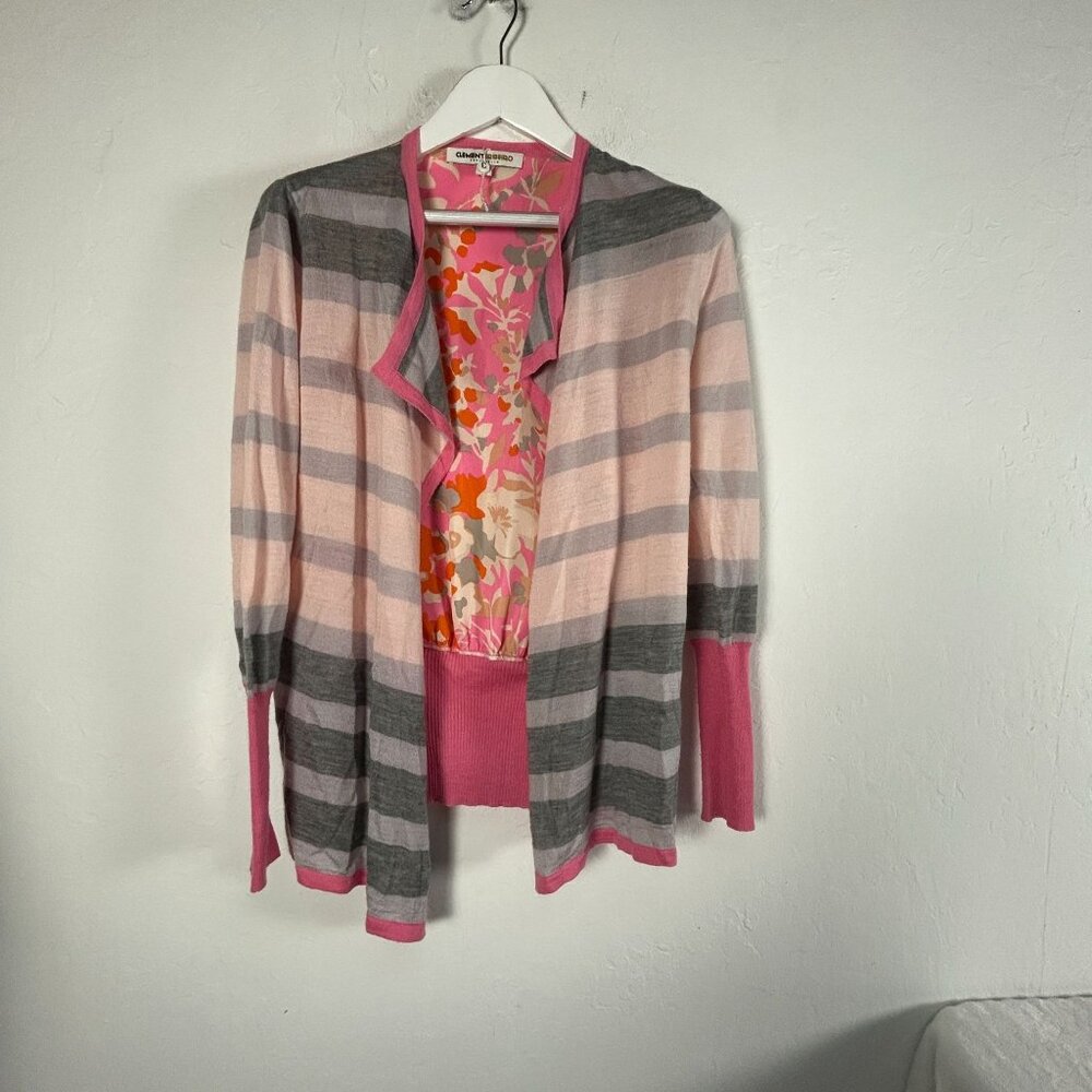 Clements Ribeiro Women’s Cardigan Sweater Small Pink Gray Striped Floral NWOT